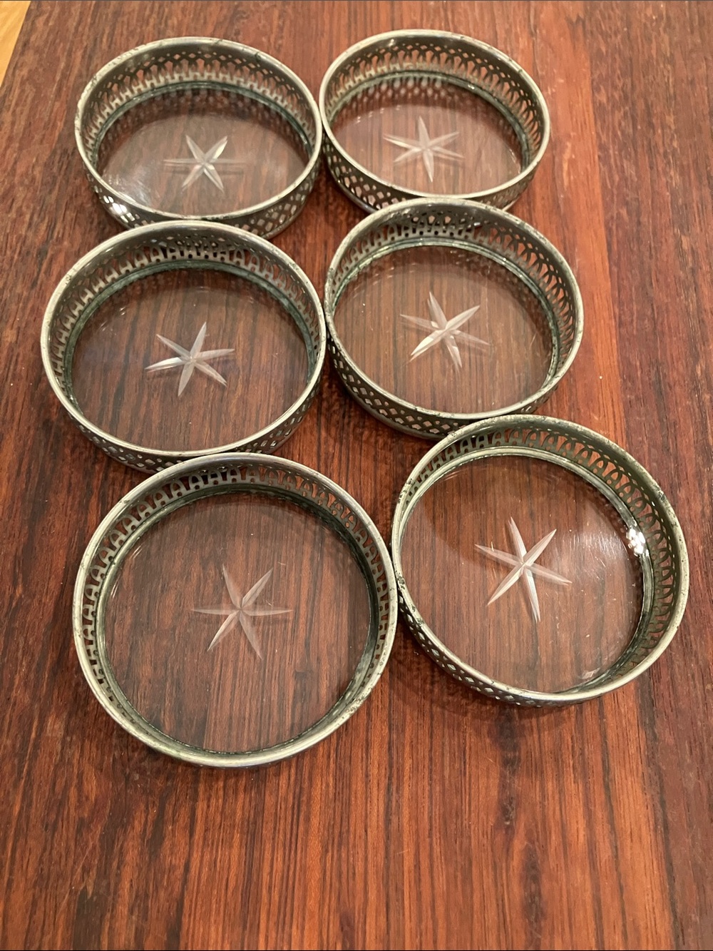 Six Manning Bowman & Co Silver Plated and Reticulated Crystal Coasters